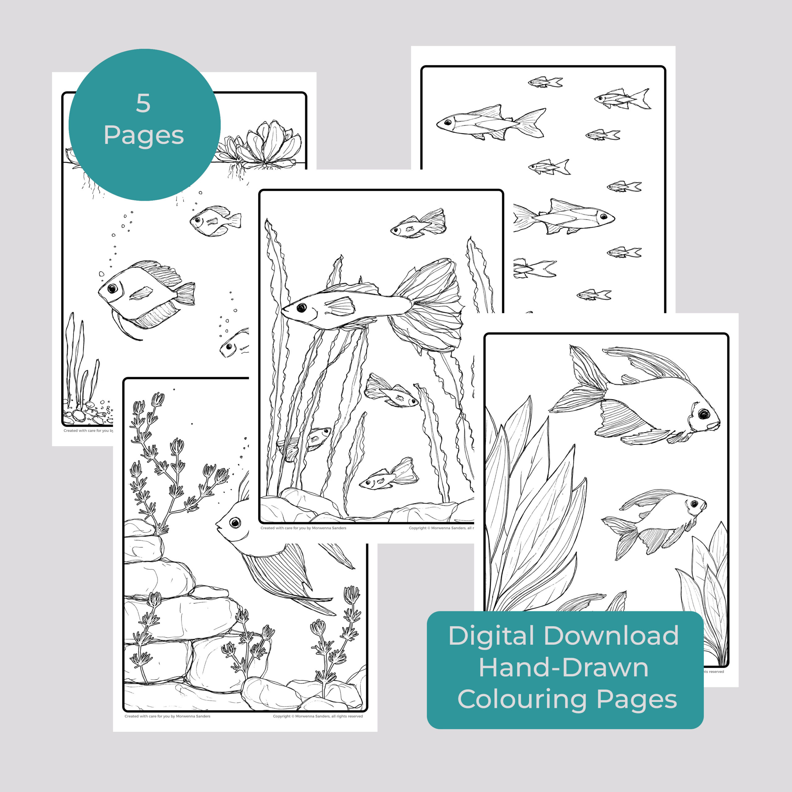 Image of 5 Tropical Fish Colouring Sheets for digital download by Morwenna Sanders