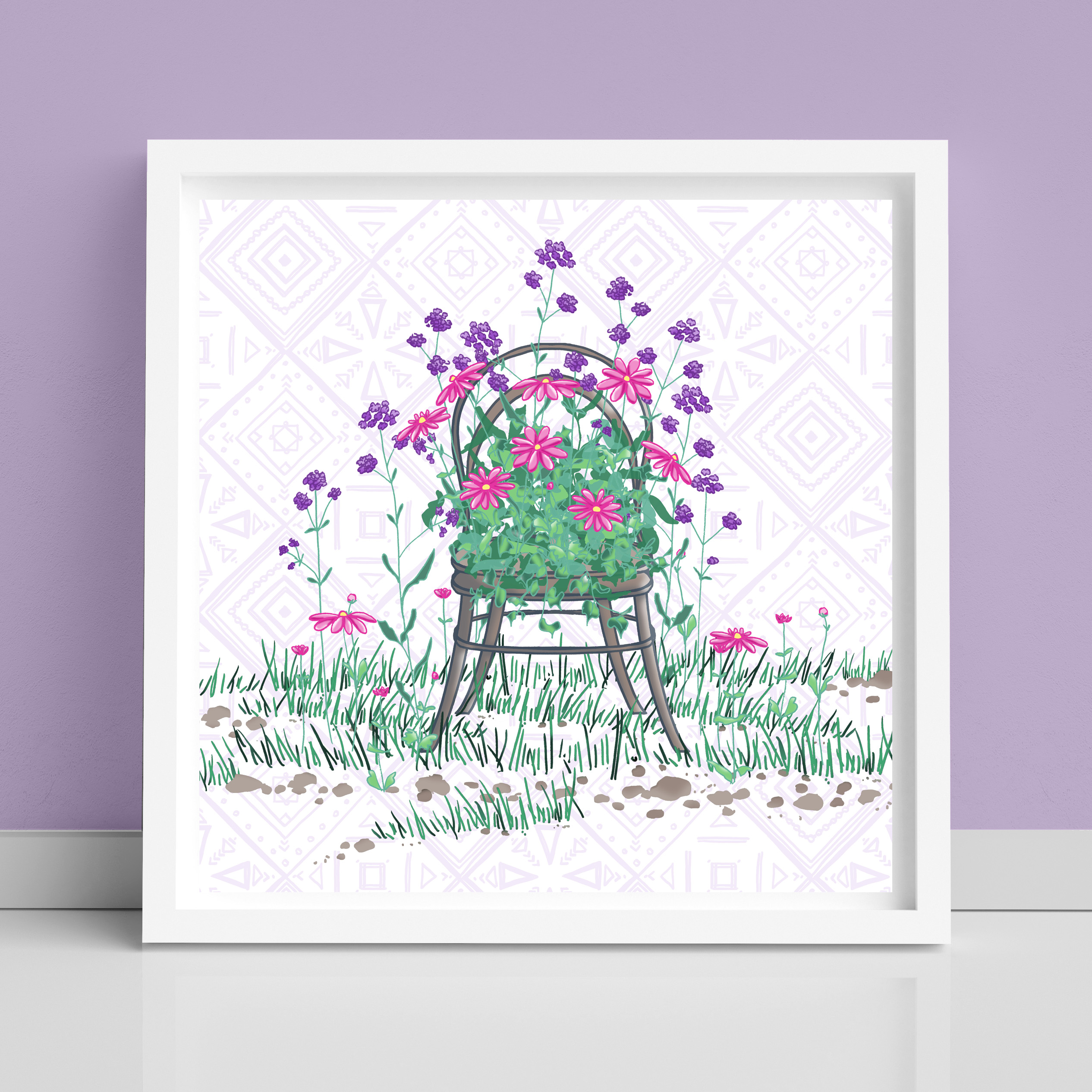 Image of Summer Chair Flowers art print created by Morwenna Sanders for Verbena Wave