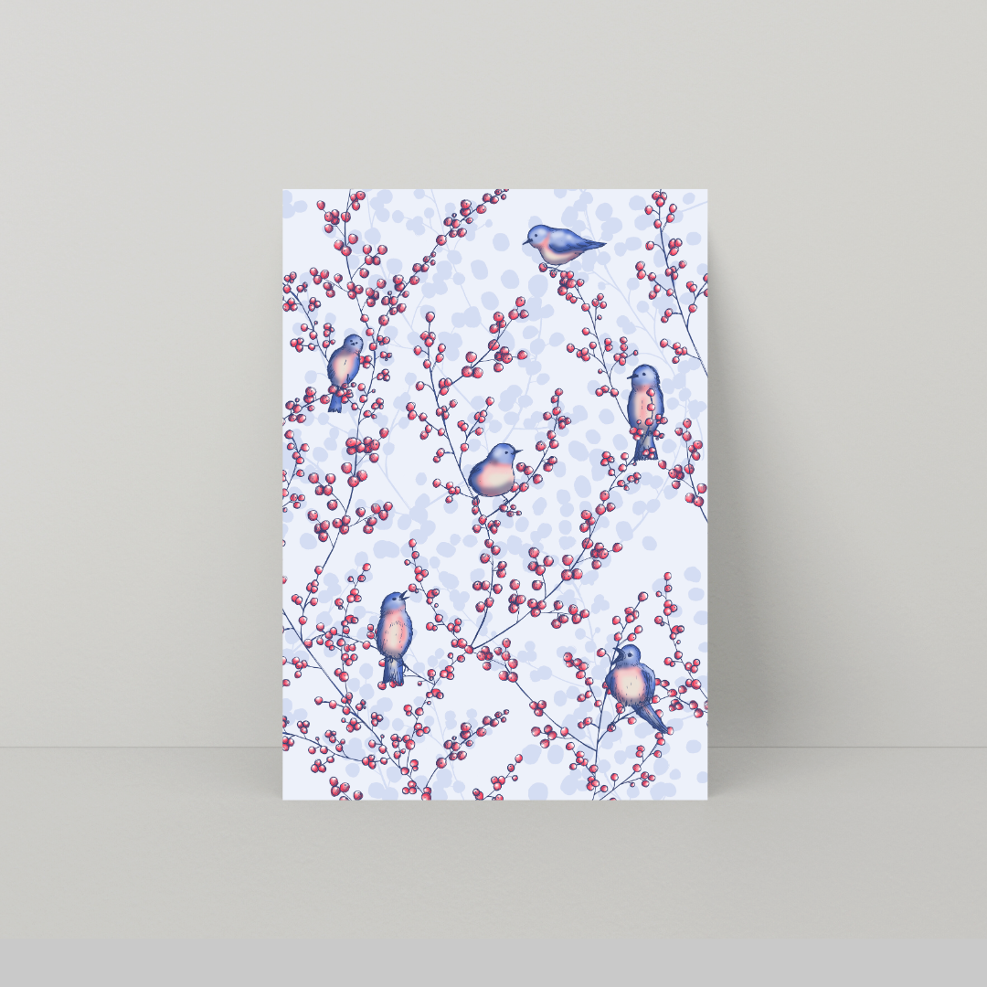 Image of Bluebirds on Winterberry Branches Greeting Card, created by Morwenna Sanders for Verbena Wave