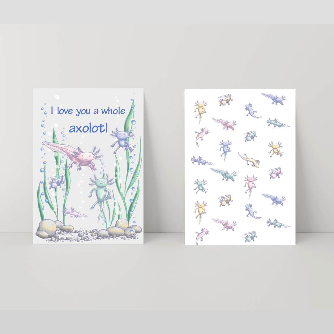 Image of Axolotls Greeting Card set, created by Morwenna Sanders for Verbena Wave