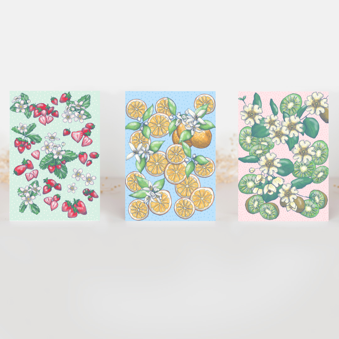 Image of Summer Fruits Greeting Card set, created by Morwenna Sanders for Verbena Wave